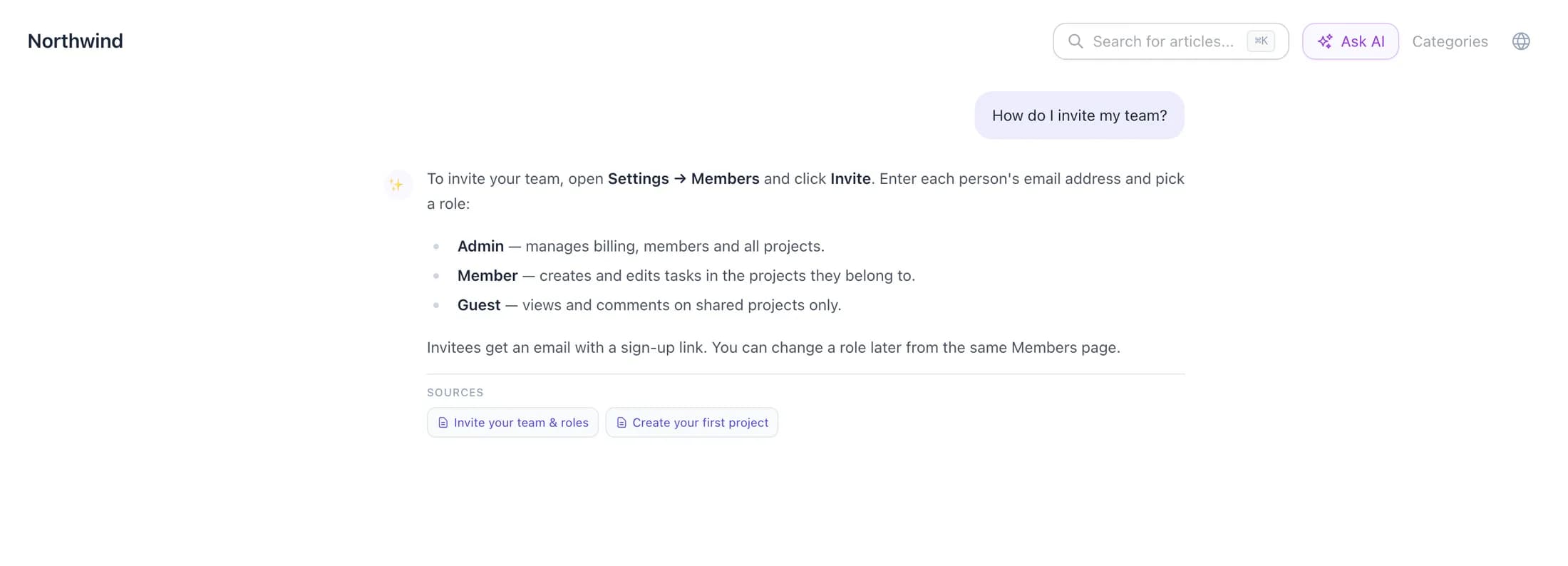 Ask AI answering a reader's question with links to the source articles