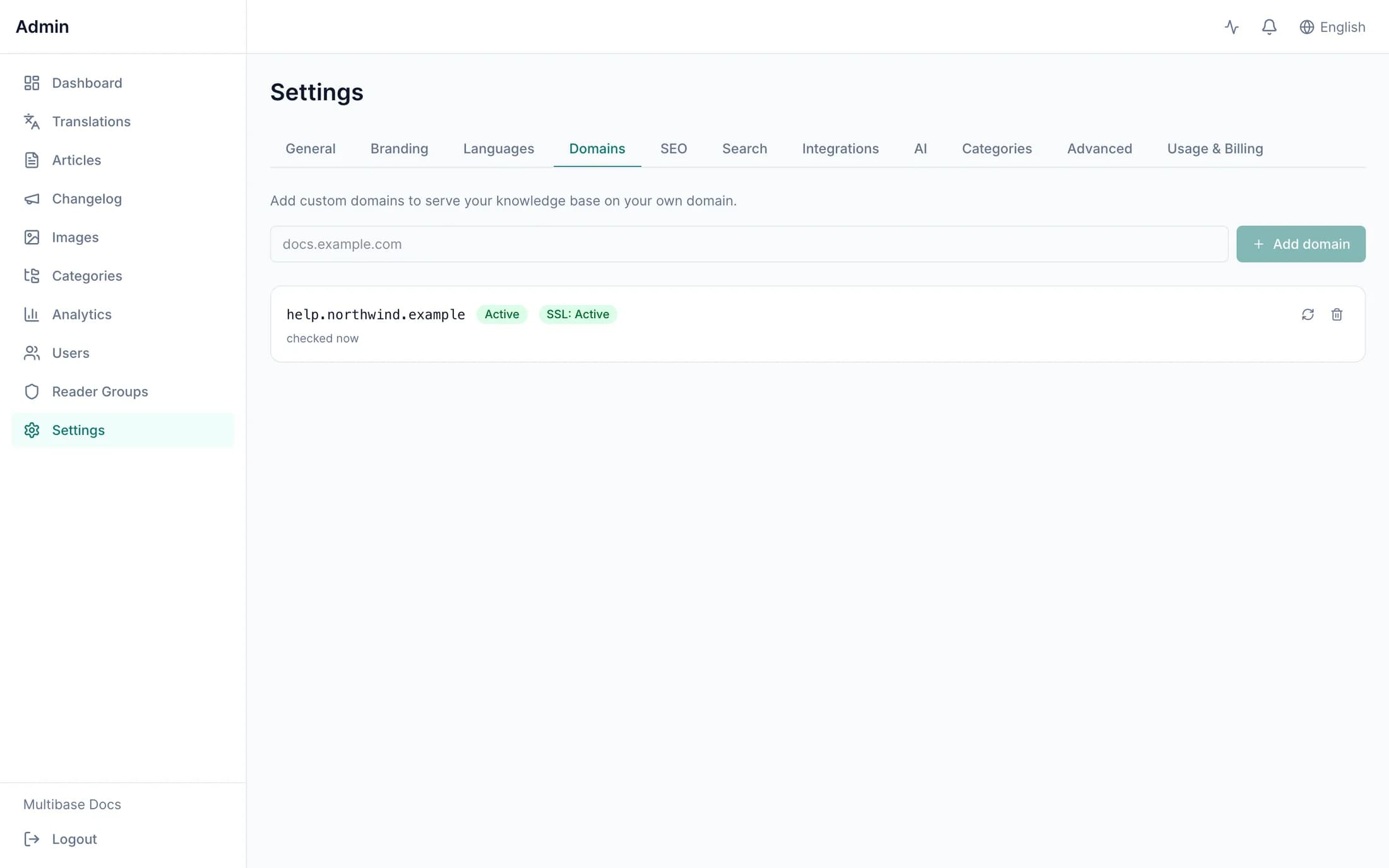 Domains settings showing a custom domain with active DNS and SSL