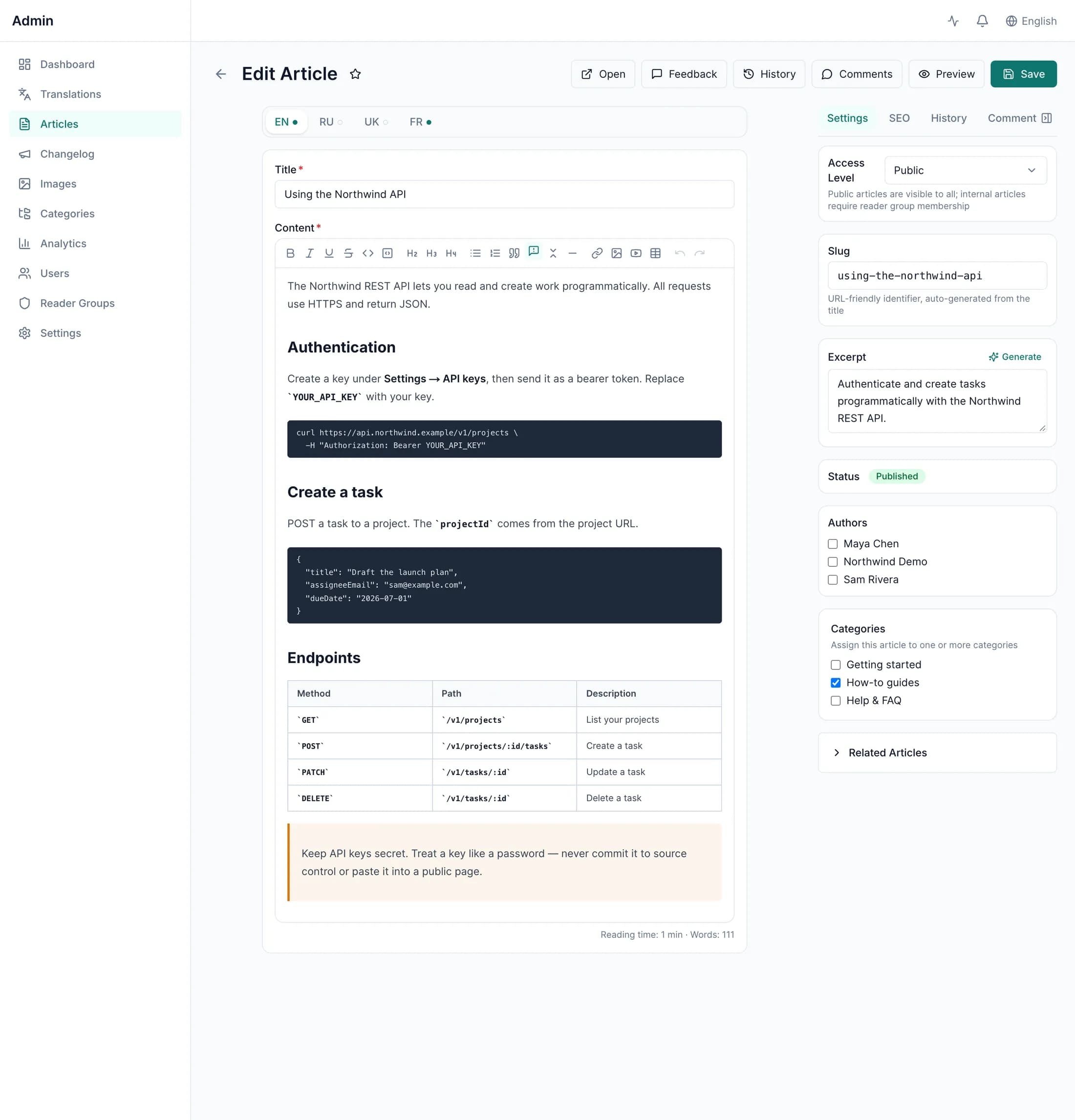 The block editor with code blocks, a table and a warning callout